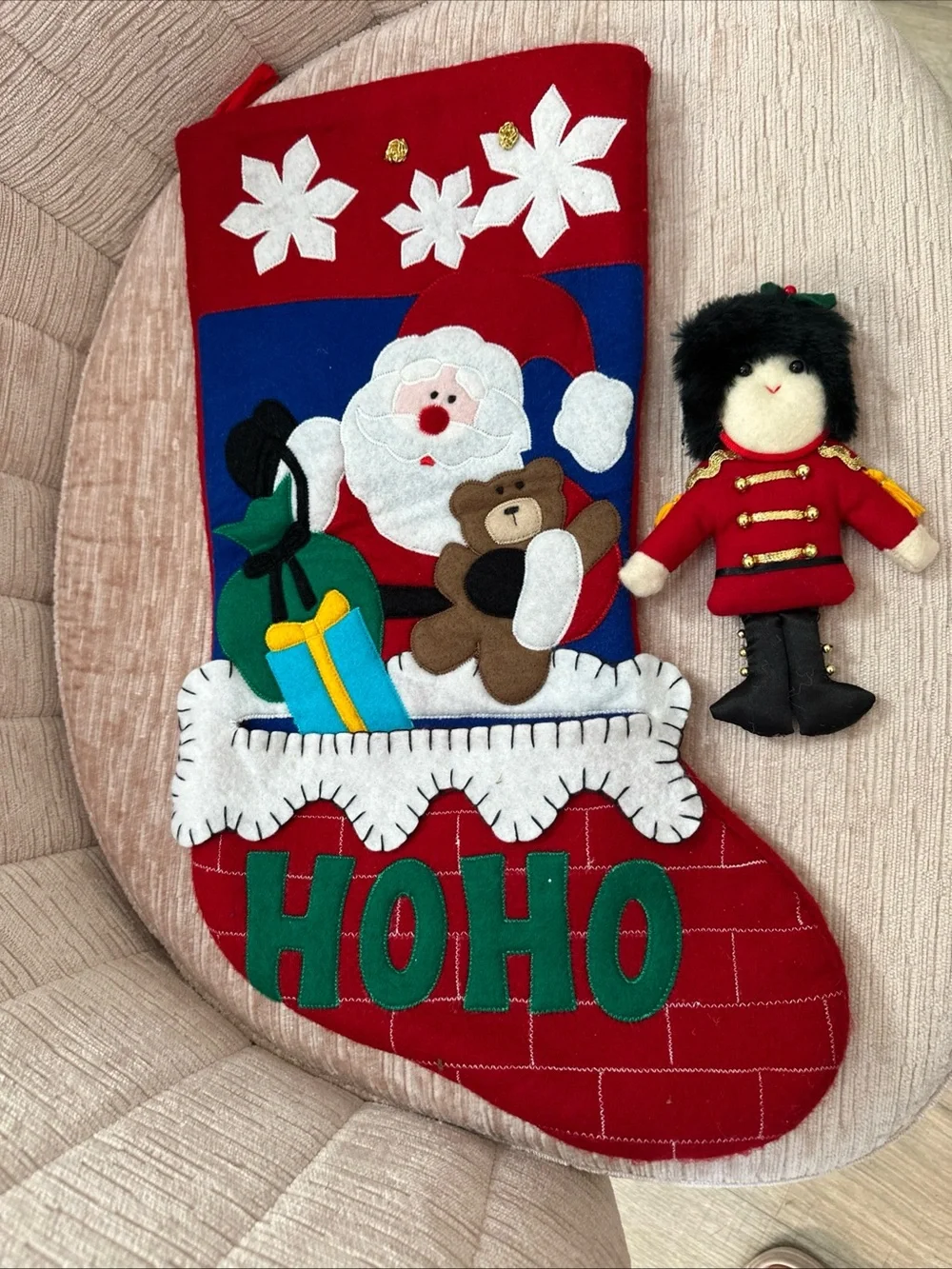 Vintage Felt Christmas Stocking Santa Teddy Fireplace & Nutcracker Soldier 19”